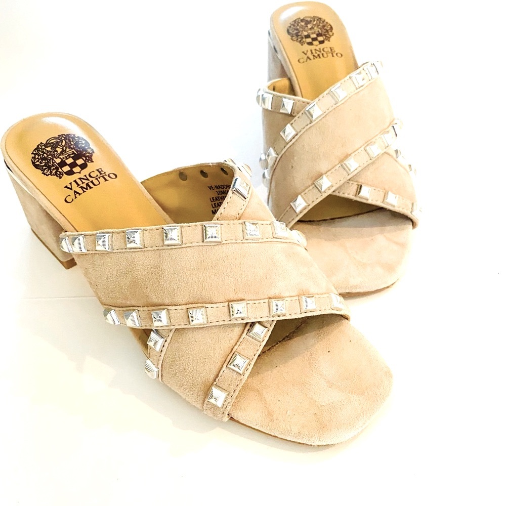 Slides with Block Heal in Tan Suede & Silver Detailing - Like New Condition